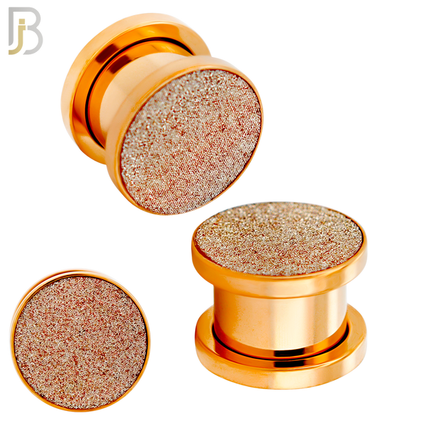 PL32R - Rose Gold Plated Surgical Steel Solid Sandpaper Top Design Screw On Plugs Sold as Pair