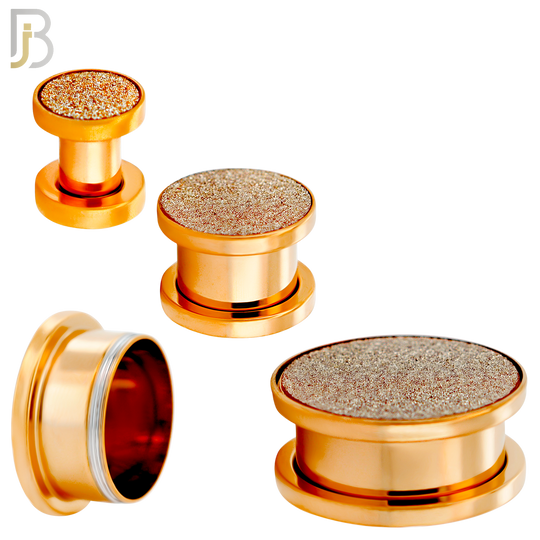 PL32R - Rose Gold Plated Surgical Steel Solid Sandpaper Top Design Screw On Plugs Sold as Pair