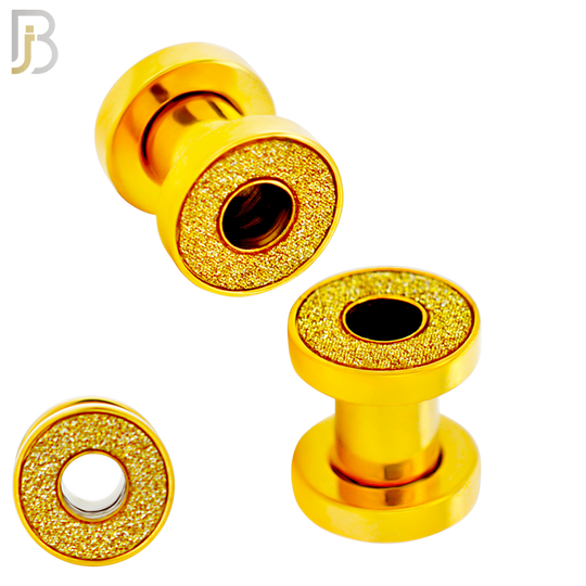 PL33G - Gold Plated Surgical Steel Tunnel Sandpaper Top Design Screw On Plugs Sold as Pair