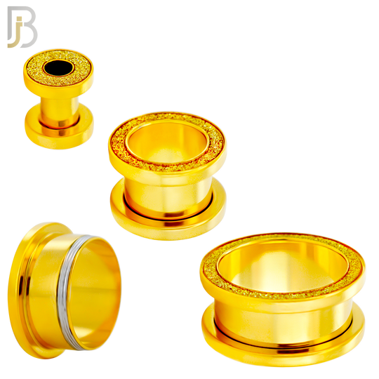PL33G - Gold Plated Surgical Steel Tunnel Sandpaper Top Design Screw On Plugs Sold as Pair