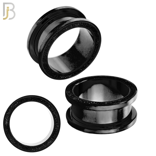 PL33K - Black Plated Surgical Steel Tunnel Sandpaper Top Design Screw On Plugs  Sold as Pair
