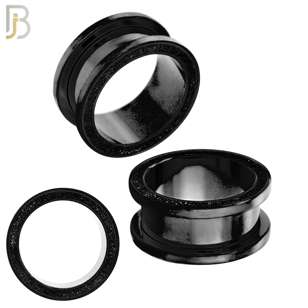 PL33K - Black Plated Surgical Steel Tunnel Sandpaper Top Design Screw On Plugs  Sold as Pair