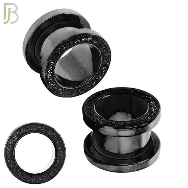 PL33K - Black Plated Surgical Steel Tunnel Sandpaper Top Design Screw On Plugs  Sold as Pair