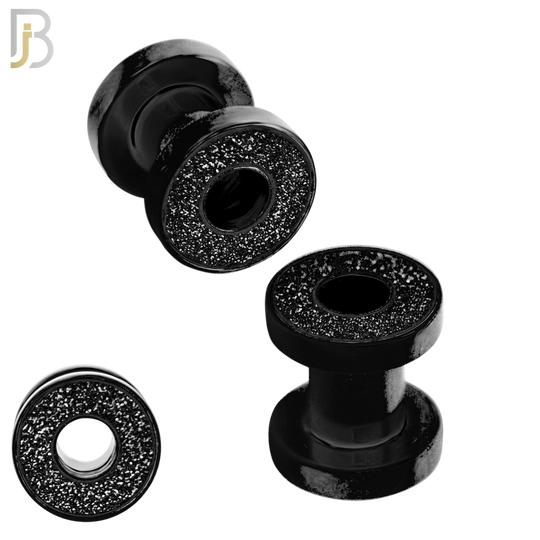PL33K - Black Plated Surgical Steel Tunnel Sandpaper Top Design Screw On Plugs  Sold as Pair