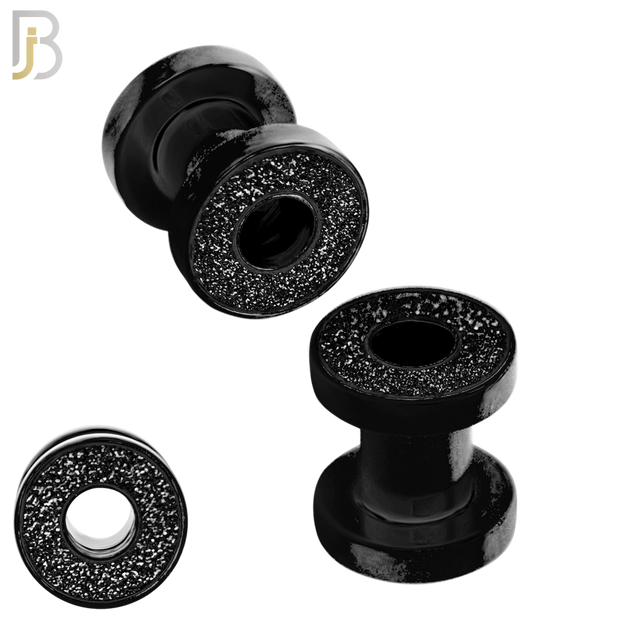 PL33K - Black Plated Surgical Steel Tunnel Sandpaper Top Design Screw On Plugs  Sold as Pair