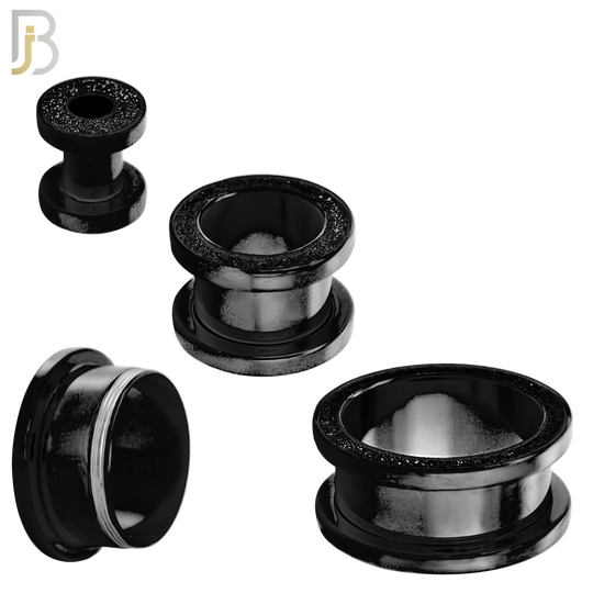 PL33K - Black Plated Surgical Steel Tunnel Sandpaper Top Design Screw On Plugs  Sold as Pair