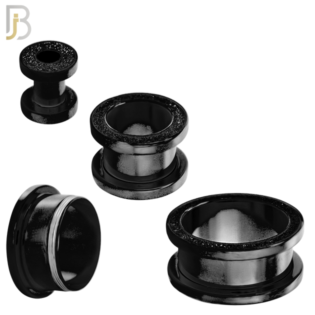 PL33K - Black Plated Surgical Steel Tunnel Sandpaper Top Design Screw On Plugs  Sold as Pair
