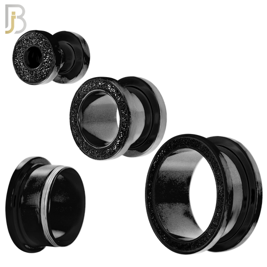 PL33K - Black Plated Surgical Steel Tunnel Sandpaper Top Design Screw On Plugs  Sold as Pair