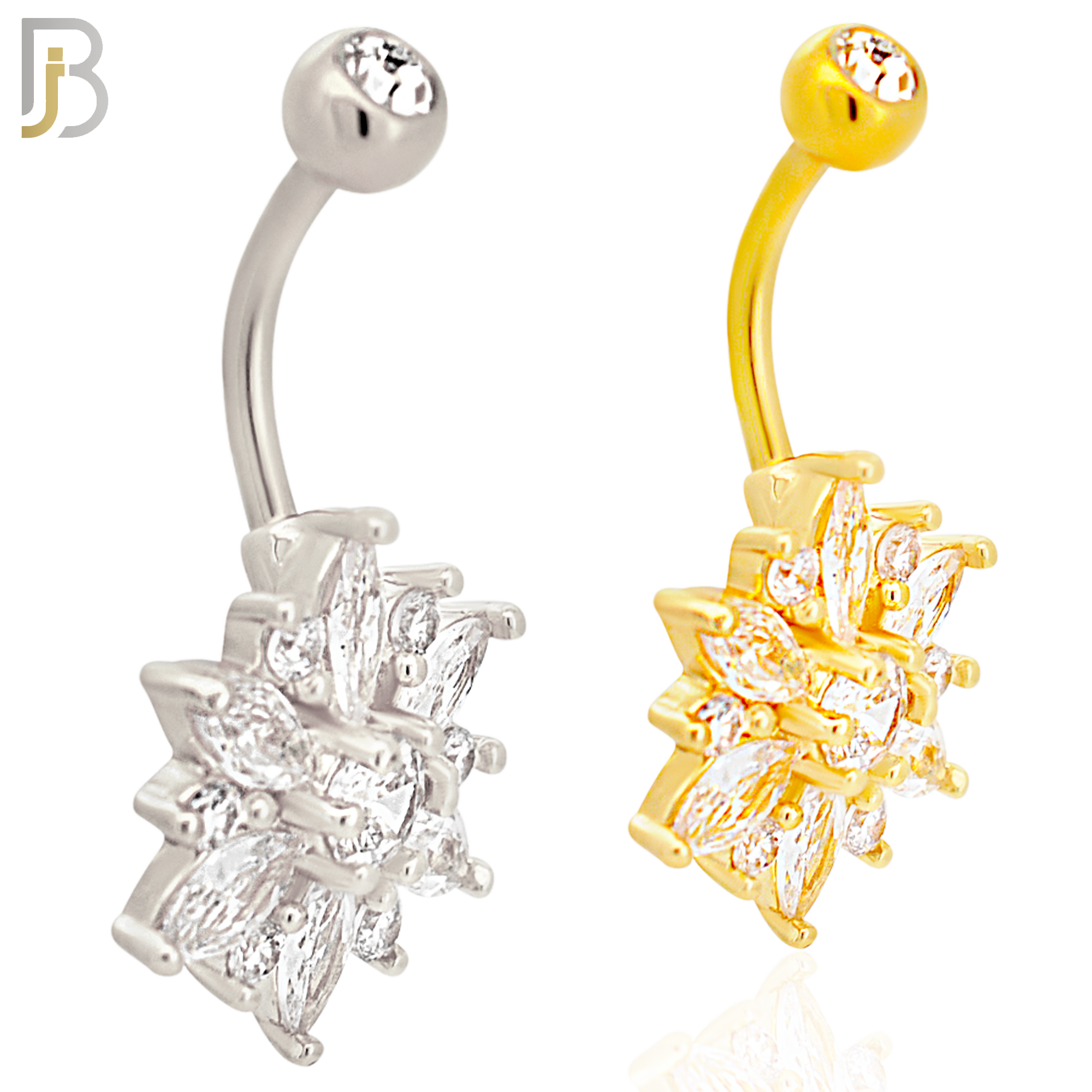 NB68 - 316L Stainless Steel Banana Belly Ring with Lotus Flower Design Cubic Zirconia image 0