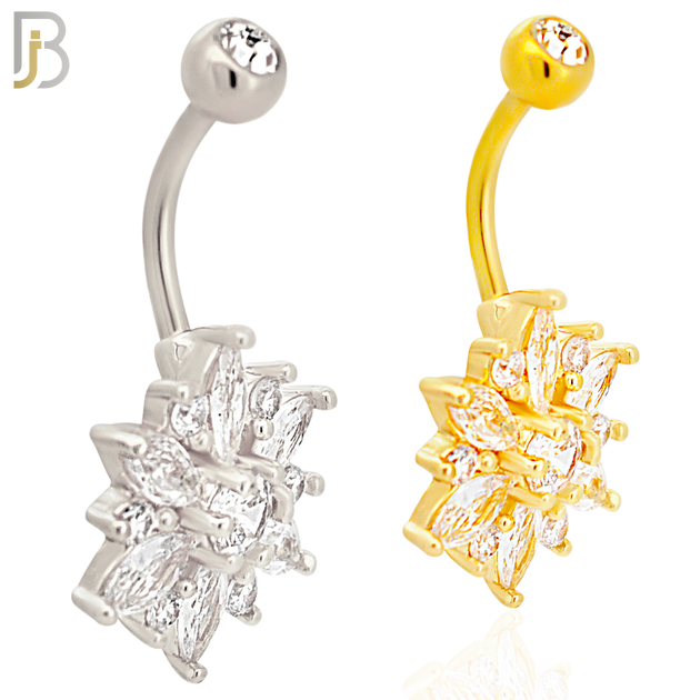 NB68 - 316L Stainless Steel Banana Belly Ring with Lotus Flower Design Cubic Zirconia image 0