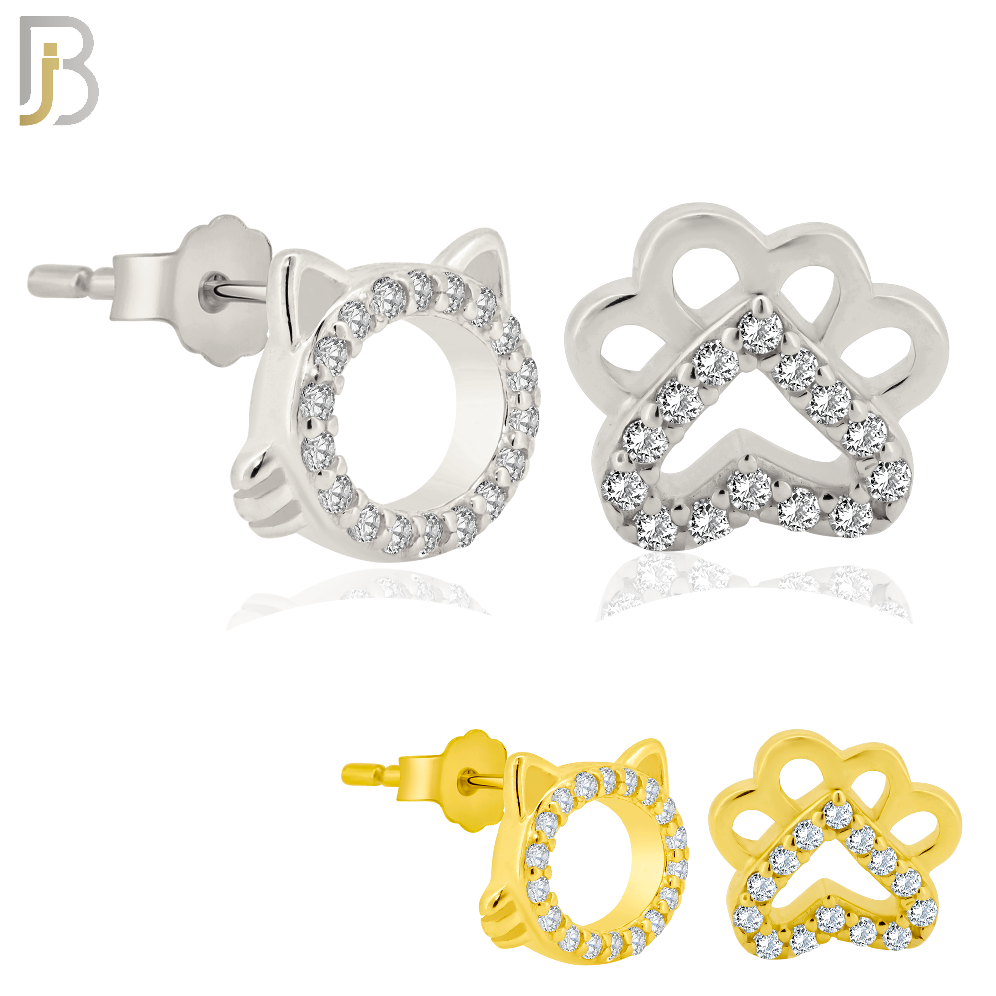 925-ES217 – Push back - .925 Sterling Silver Cat Head and Paw Mismatched Design Earring Stud with Zircon image 0