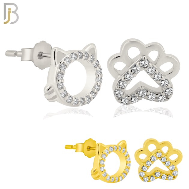 925-ES217 – Push back - .925 Sterling Silver Cat Head and Paw Mismatched Design Earring Stud with Zircon image 0