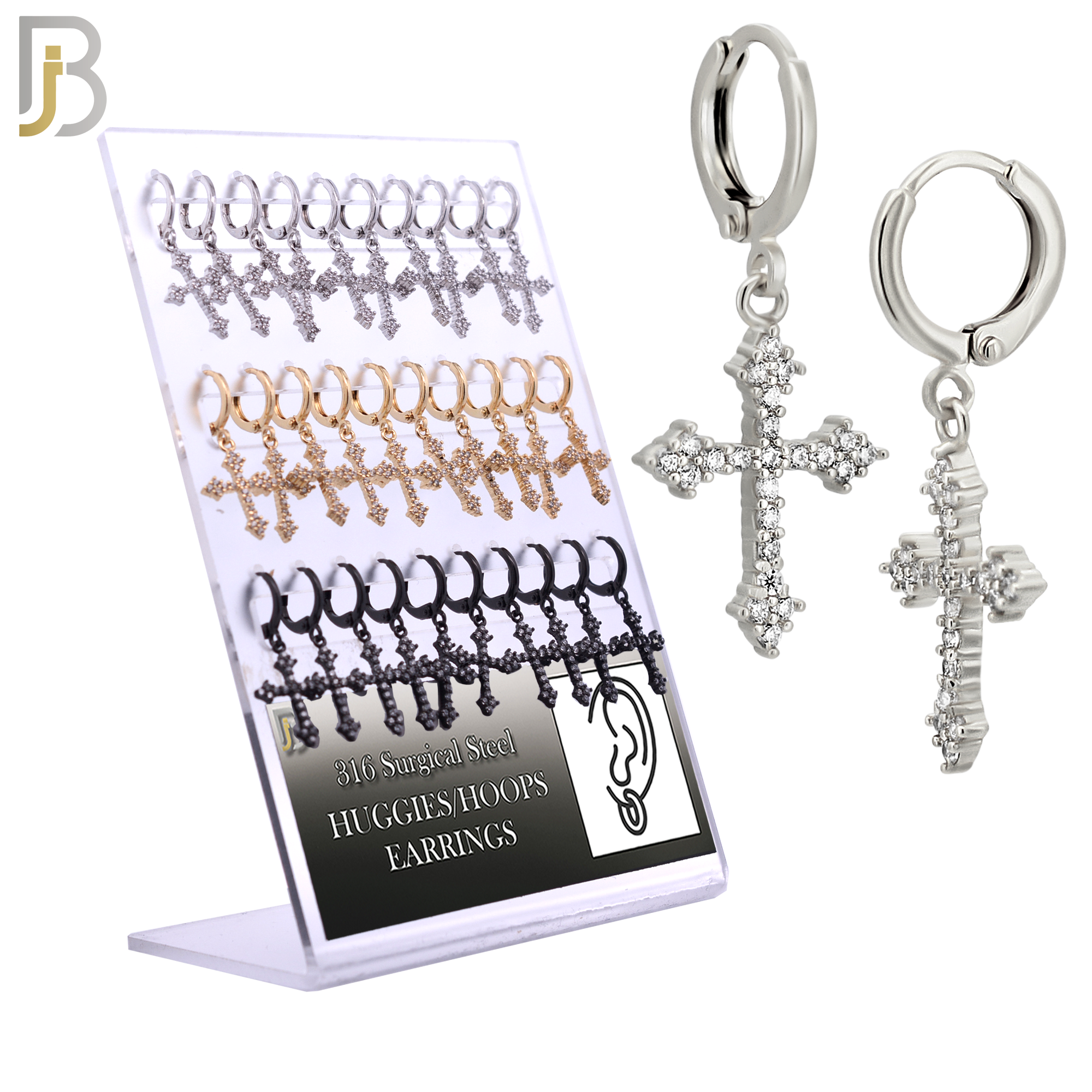 PK-ES51M - 316L Stainless Steel Dangling Cross Zircon Design Huggies Clip On - Pack of 15 Pairs image 0