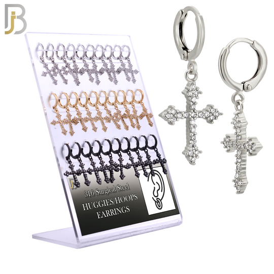 PK-ES51M - 316L Stainless Steel Dangling Cross Zircon Design Huggies Clip On - Pack of 15 Pairs image 0