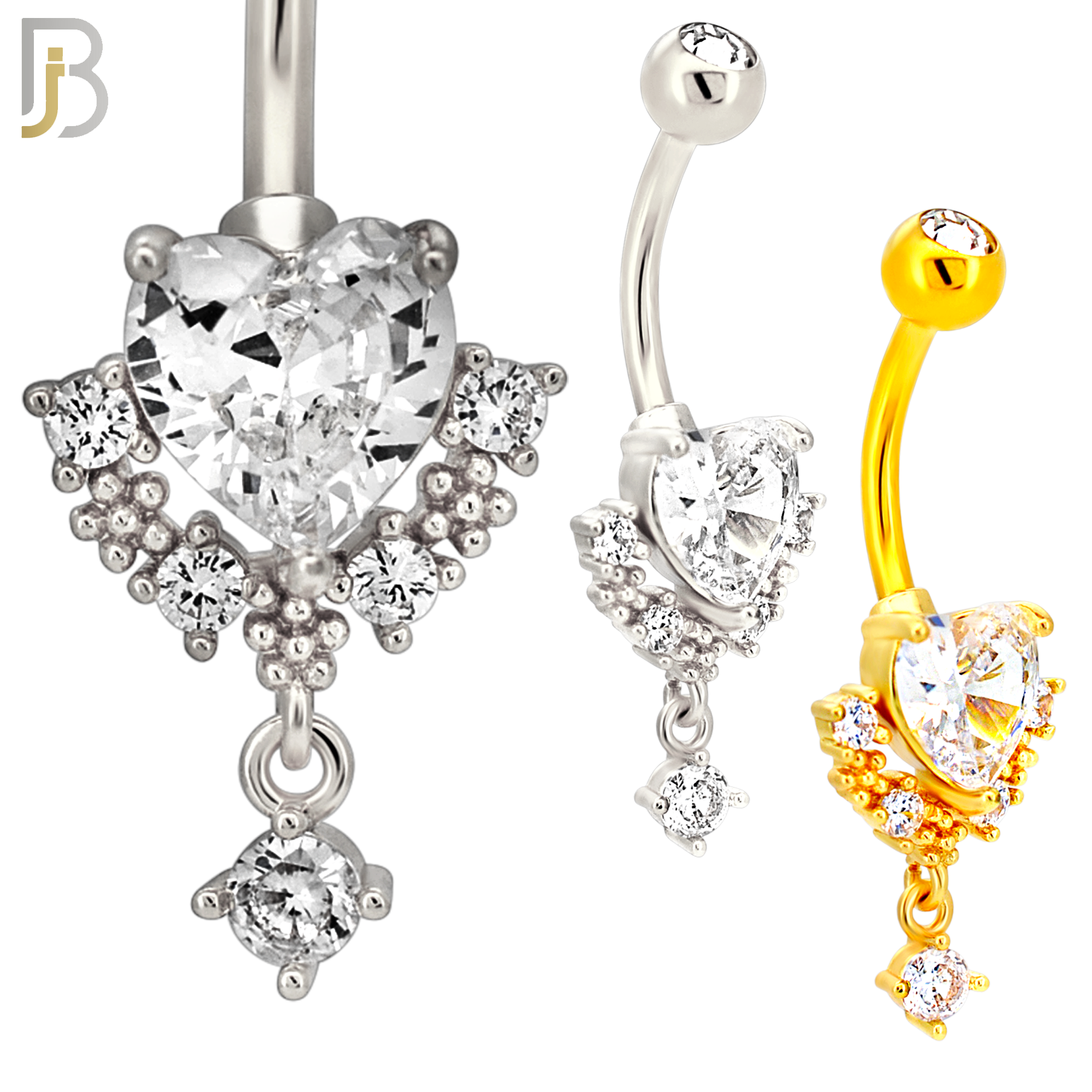 N0152 - 316L Surgical Steel Ornate Heart in Prong Set with Dangling CZ Belly Ring image 0