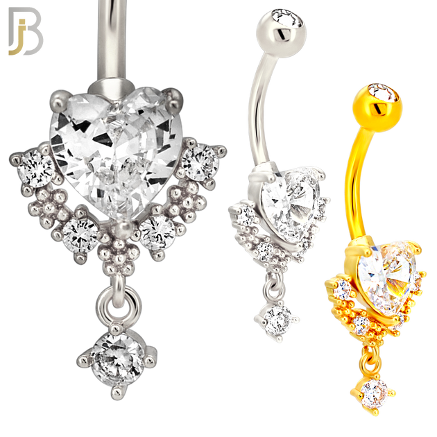 N0152 - 316L Surgical Steel Ornate Heart in Prong Set with Dangling CZ Belly Ring image 0