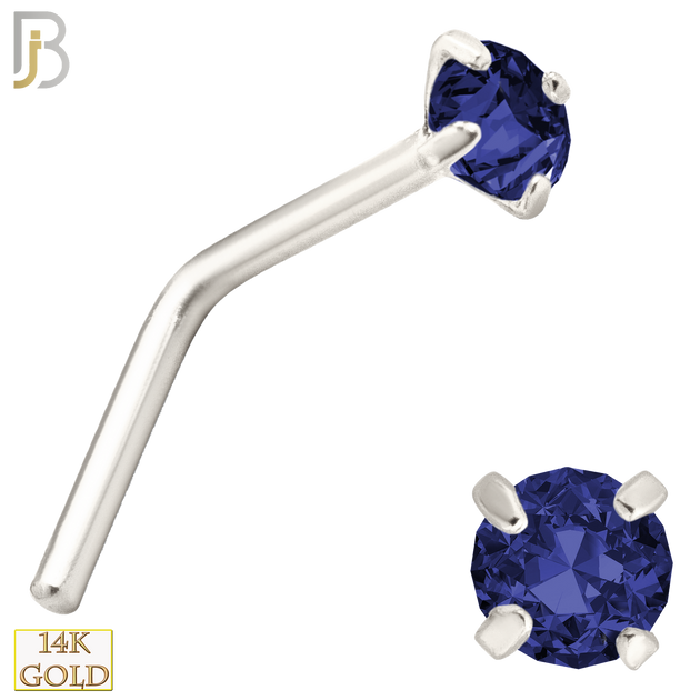 14-NR10CWS - 20g 14k White Gold L-Shaped with Blue Sapphire Colored CZ - 2mm image