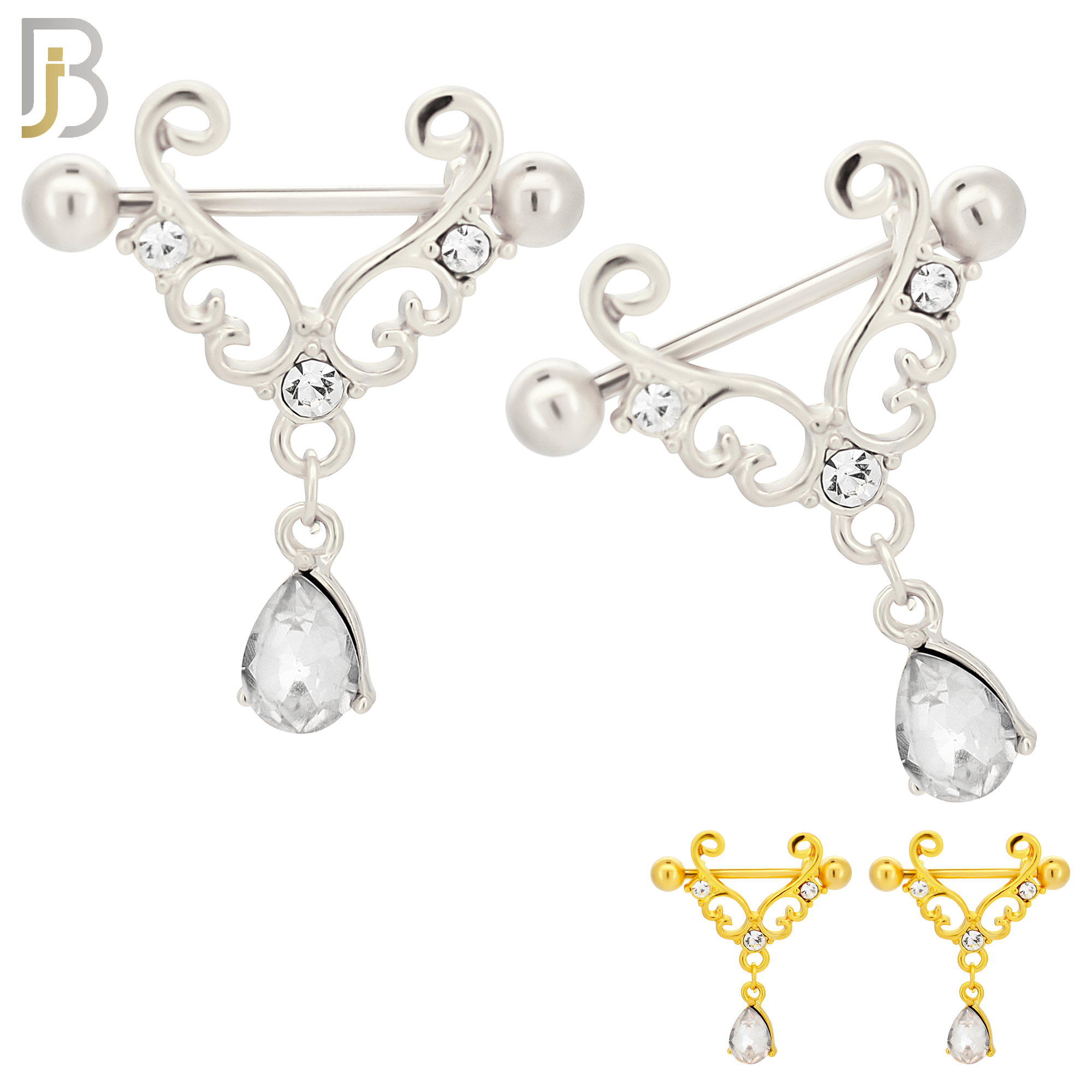 NP40 - 316L Surgical Steel Screw Shield Barbell with Alloy Tribal with Teardrop Dangling CZ Design Pair image 0