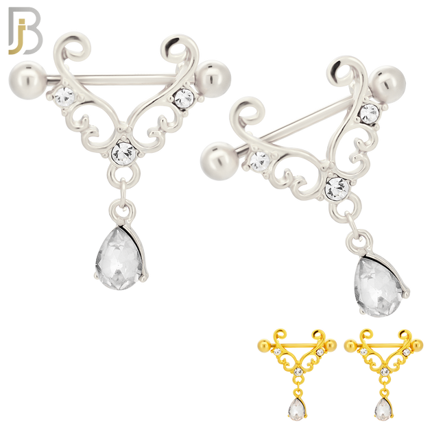 NP40 - 316L Surgical Steel Screw Shield Barbell with Alloy Tribal with Teardrop Dangling CZ Design Pair image 0