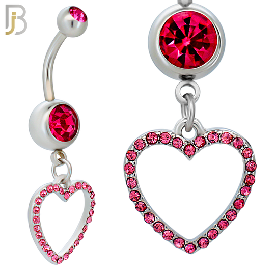 N026  - 316L Stainless Steel Dangling Hollow Heart with Zircon Design Belly Ring with 4mm Screw Ball image