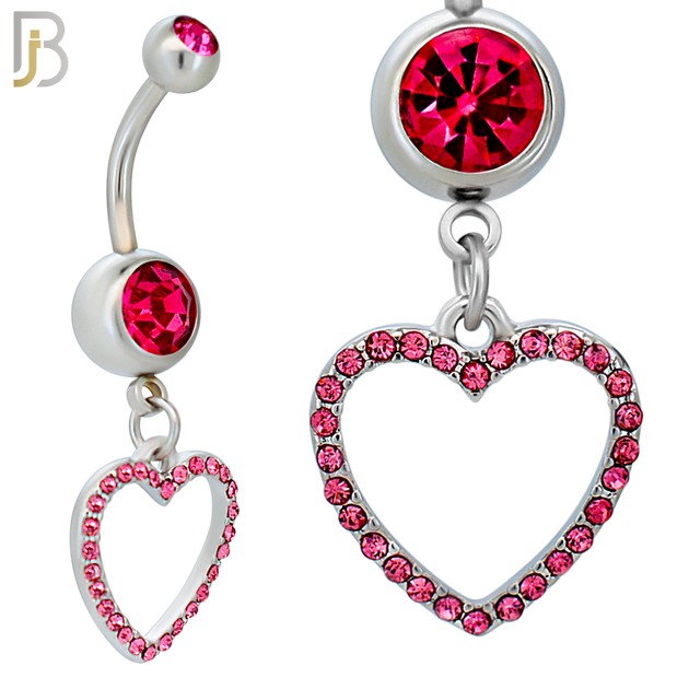 N026  - 316L Stainless Steel Dangling Hollow Heart with Zircon Design Belly Ring with 4mm Screw Ball image