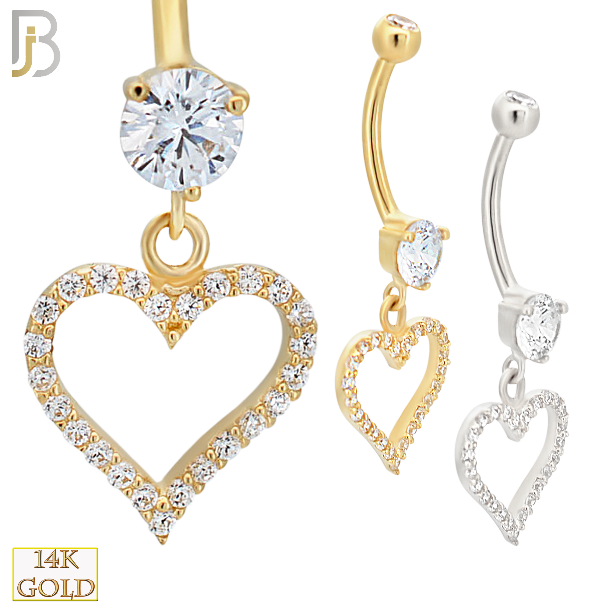 14-N002 - 14k Solid Gold Dangle Navel Belly Ring with 12mm Heart Design image 0