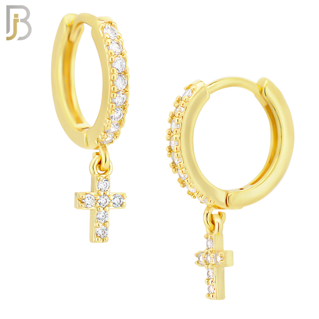 ES109 - 316L Stainless Steel Dangling Cross with Zircon Huggies Clip On image 3
