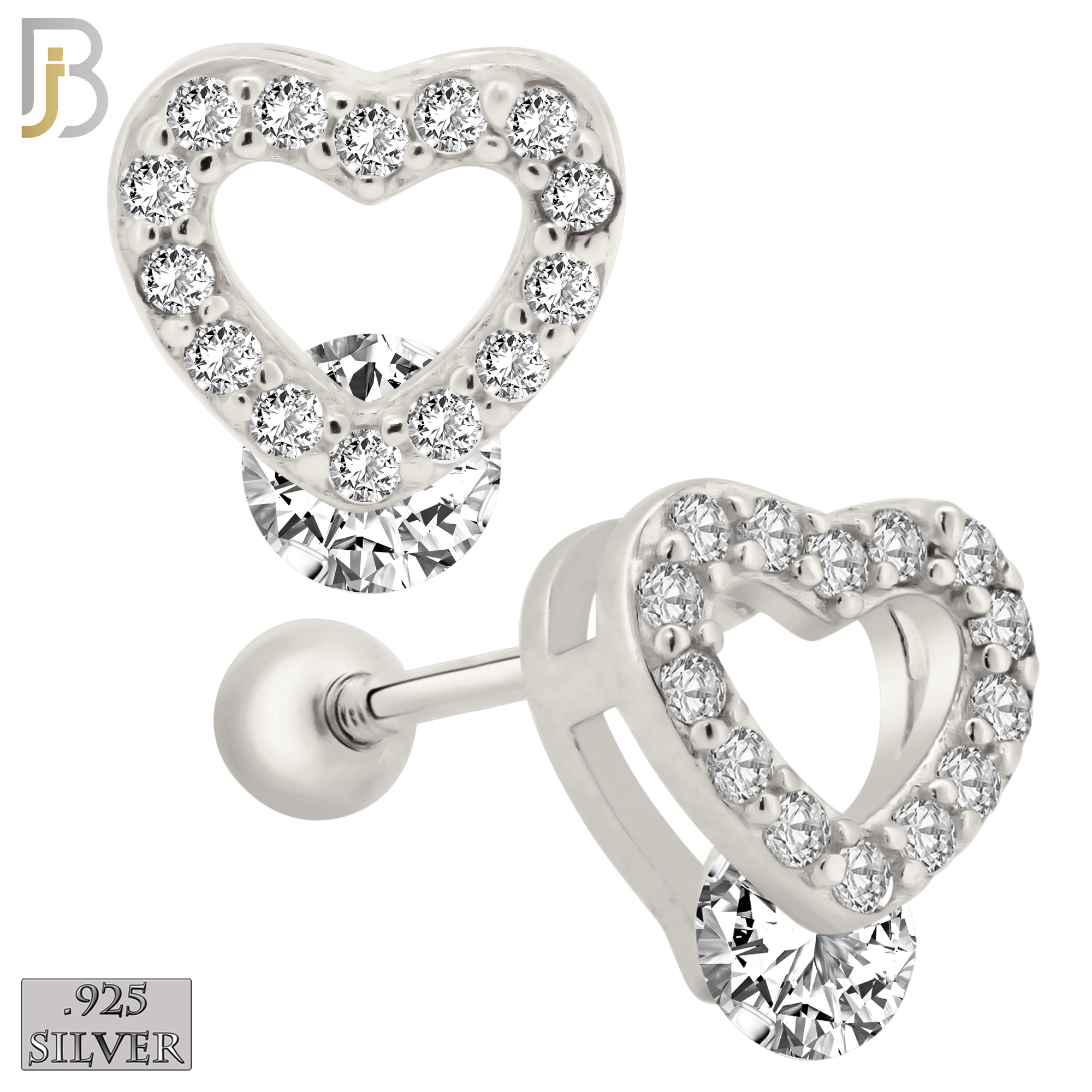 925-ES206 - Screw Ball Back - .925 Sterling Silver Heart Design Earring Stud with Clear Zircon image 1