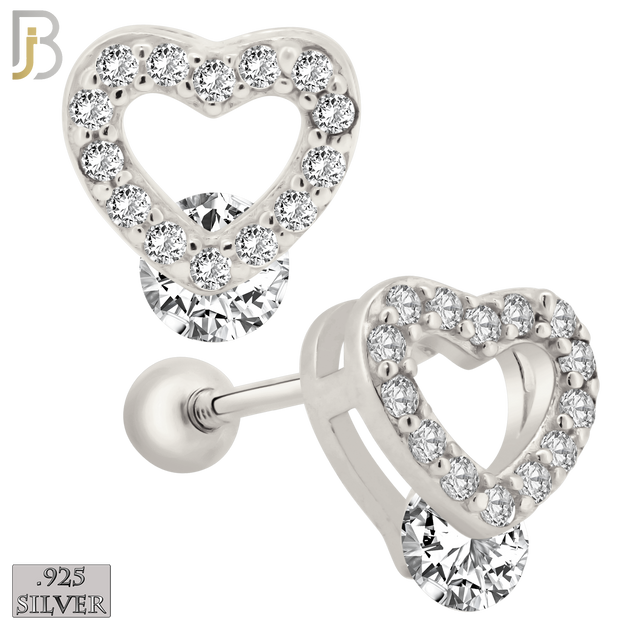 925-ES206 - Screw Ball Back - .925 Sterling Silver Heart Design Earring Stud with Clear Zircon image 1