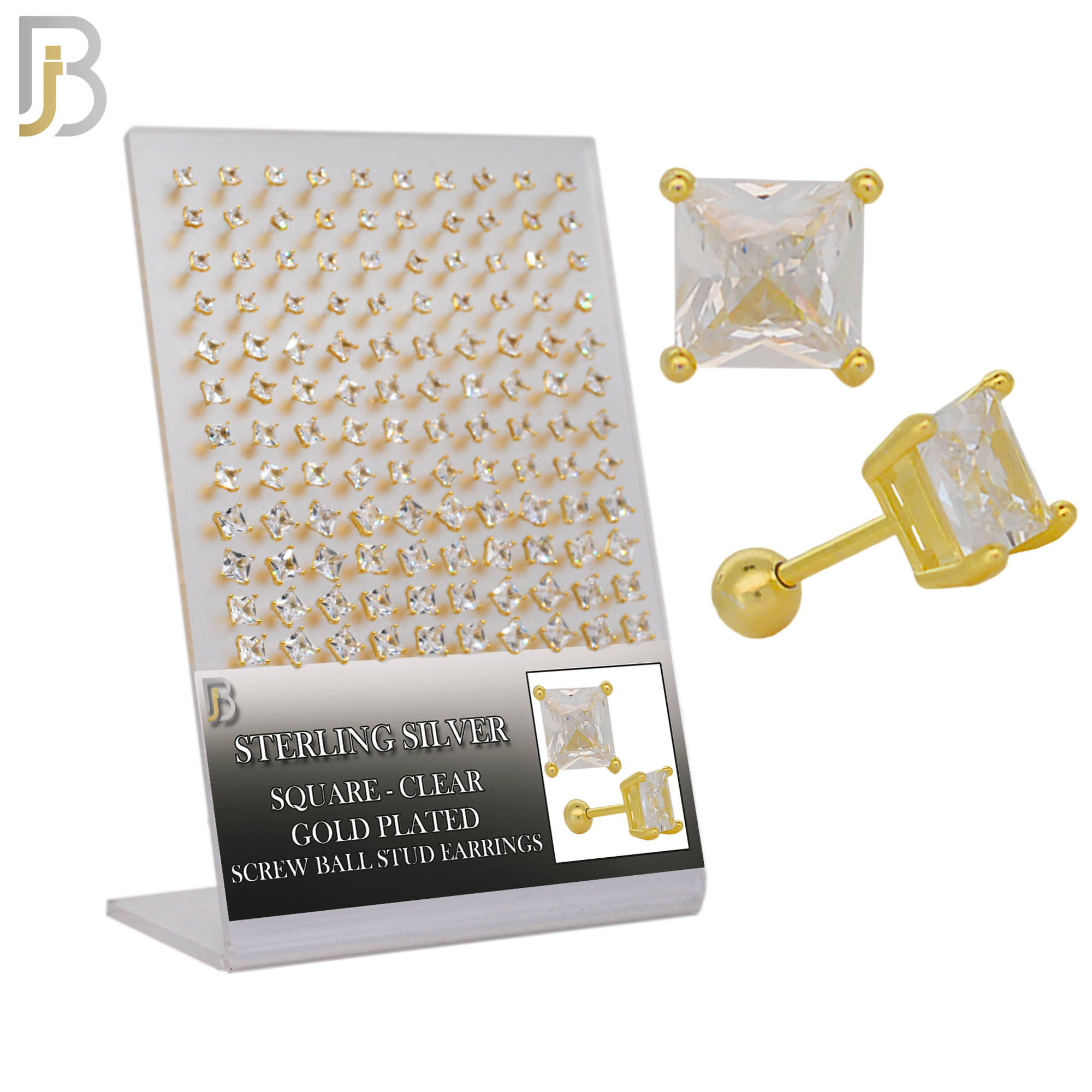 925-PK-ES312-GC - .925 Sterling Silver Gold Plated Earring Stud with Screw Ball Backing, Casting Prong Setting and Square Clear Zircon image 0