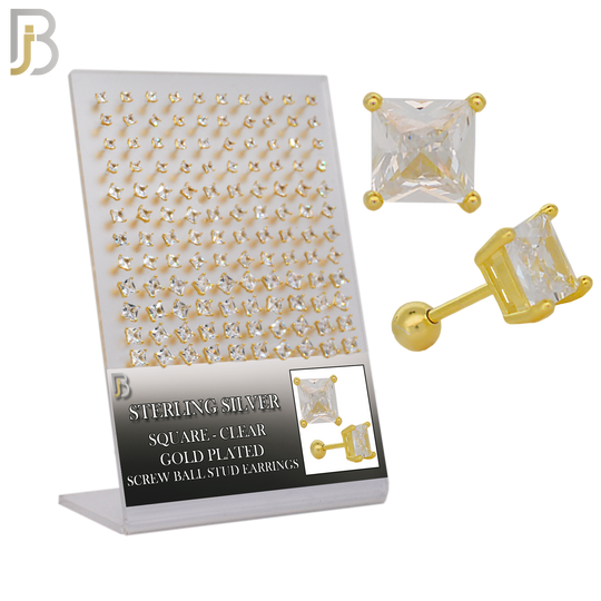 925-PK-ES312-GC - .925 Sterling Silver Gold Plated Earring Stud with Screw Ball Backing, Casting Prong Setting and Square Clear Zircon image 0