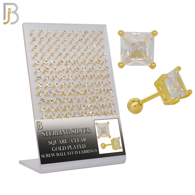 925-PK-ES312-GC - .925 Sterling Silver Gold Plated Earring Stud with Screw Ball Backing, Casting Prong Setting and Square Clear Zircon image 0