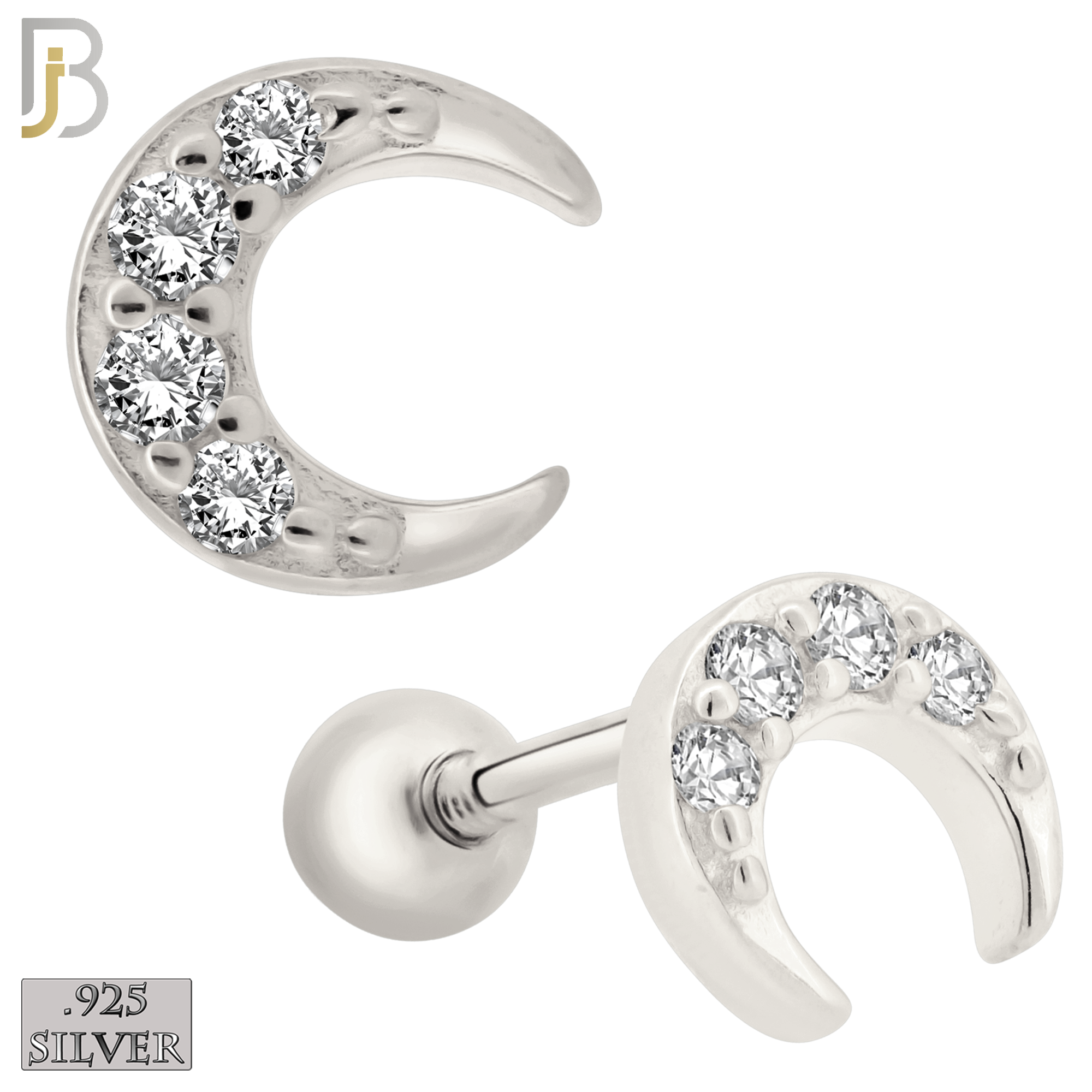 925-ES420 - Screw Ball Back - 925 Sterling Silver 5mm Moon with Multi CZ Stud Earrings image 0