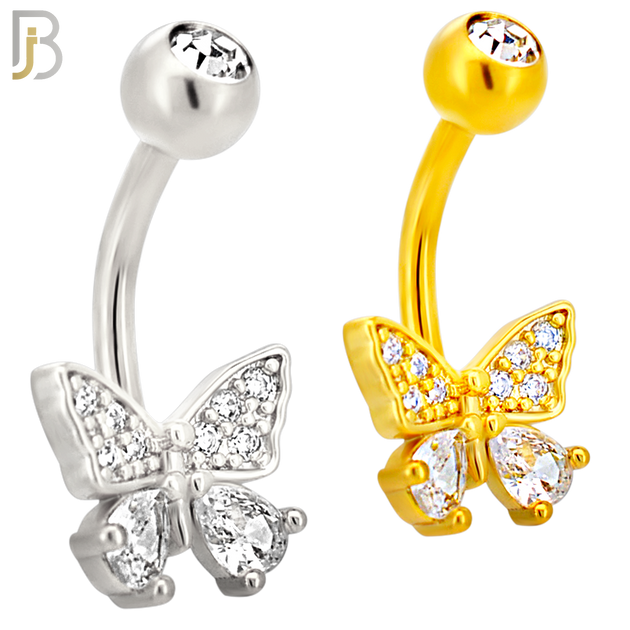NB110 - 316L Surgical Steel Butterfly with Pear CZ in Both Lower Wings Belly Ring image 0