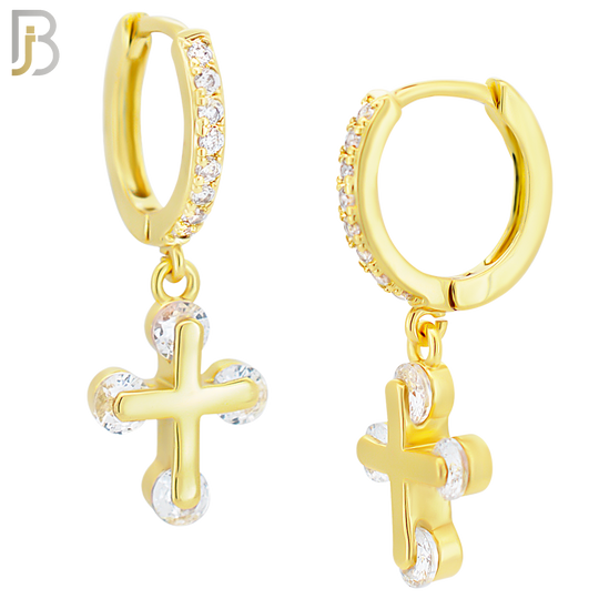 ES104 - 316L Stainless Steel Dangling Cross with Zircon Huggies Clip On image 3