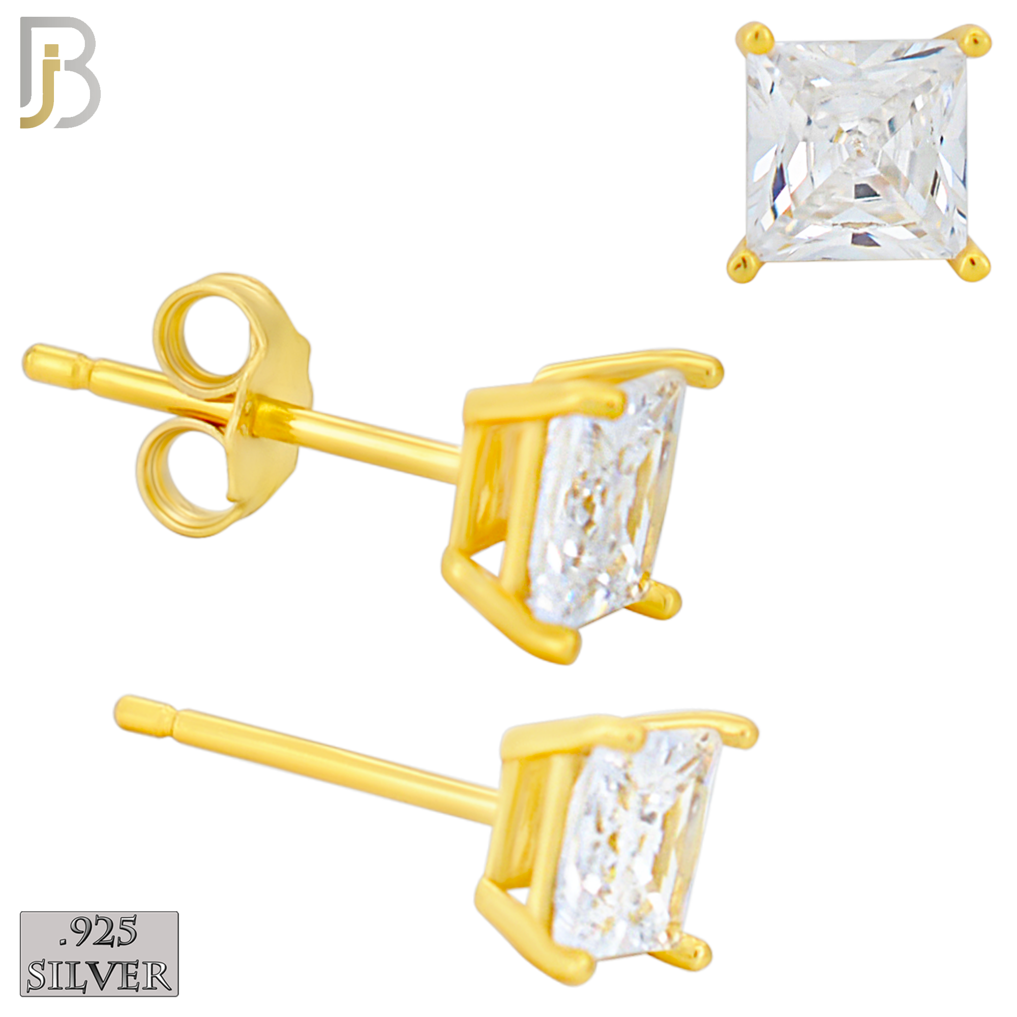 925-ES72-GC - .925 Sterling Silver Gold Plated Earring Stud Casting Square Princess Cut Prong Setting Clear Zircon image 4