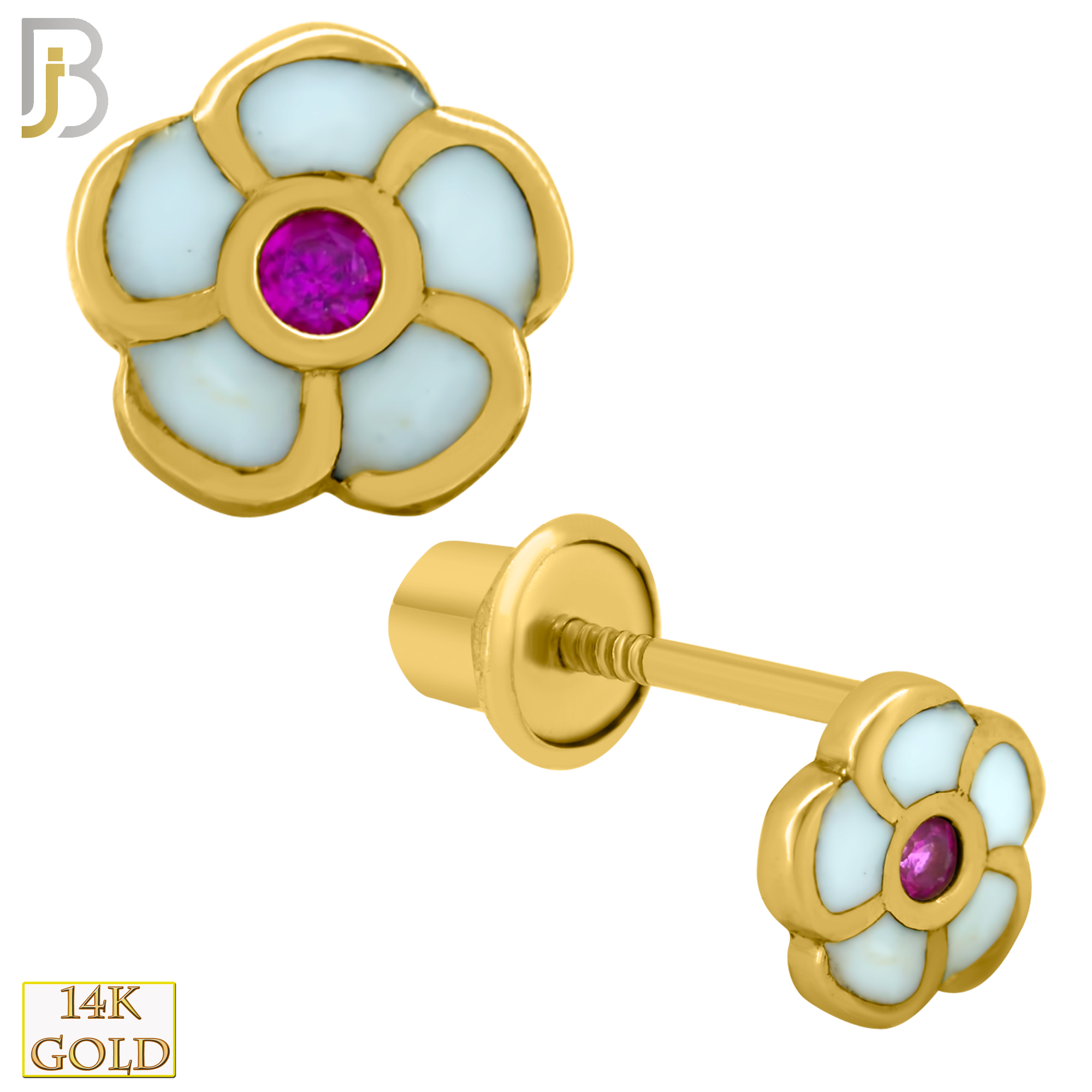 14-ES207 - 14k Solid Gold 5mm Flower Enamel White  Design Earring Stud with Dark Pink  Zircon image 0