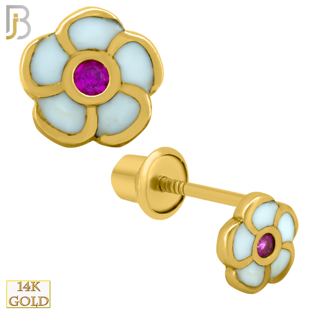 14-ES207 - 14k Solid Gold 5mm Flower Enamel White  Design Earring Stud with Dark Pink  Zircon image 0