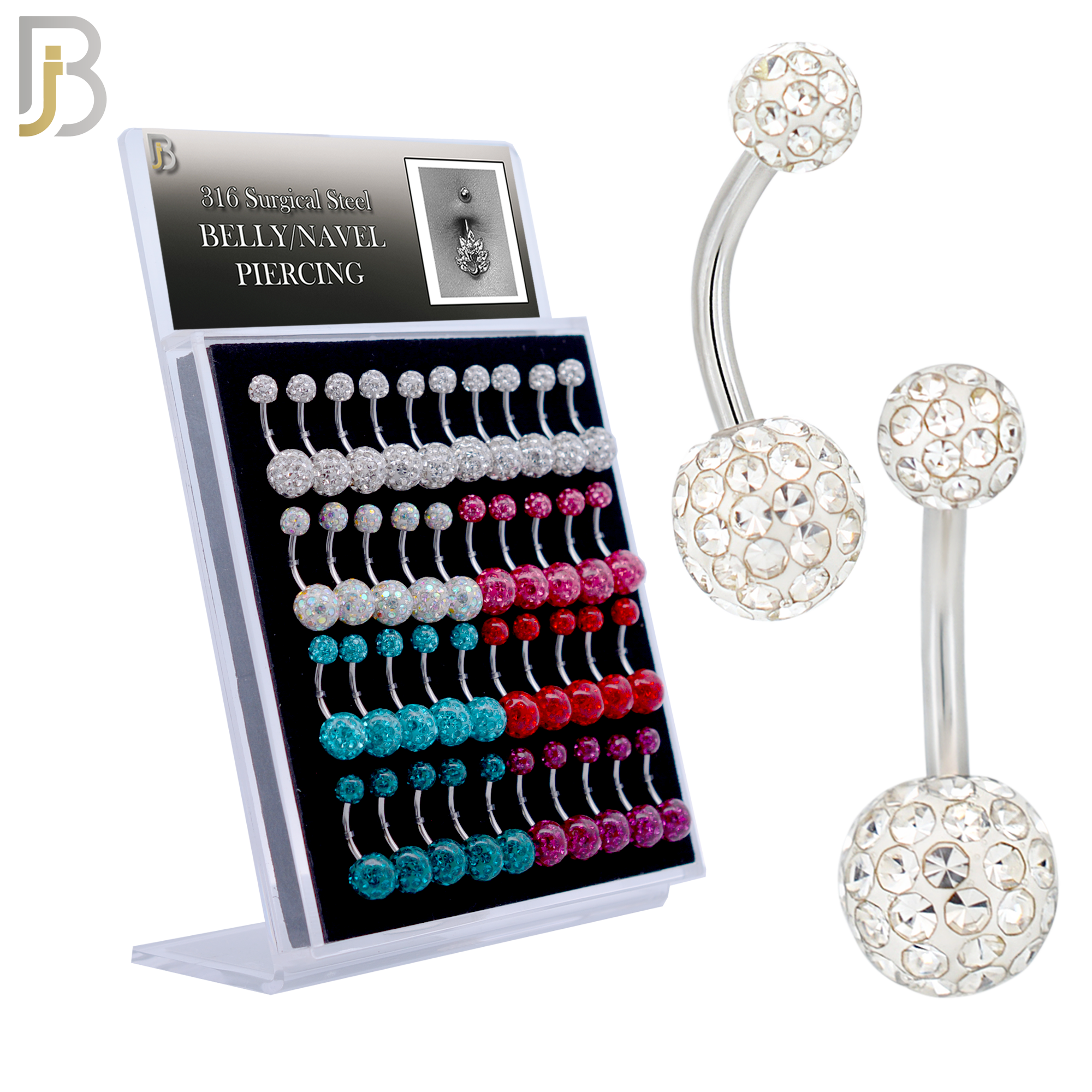 PK-NB19S - 316L Surgical Steel Screw Coated Multi Gem Ball Banana Belly Ring Pack of 40 image 0