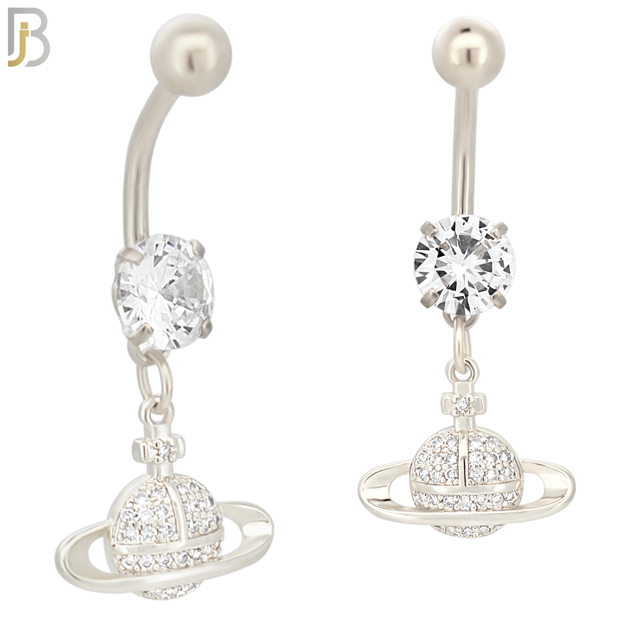 N083  - 316L Stainless Steel Dangling Planet Saturn with CZ Belly Ring image 1