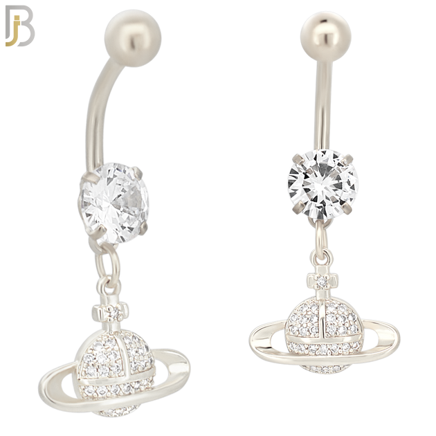 N083  - 316L Stainless Steel Dangling Planet Saturn with CZ Belly Ring image 1