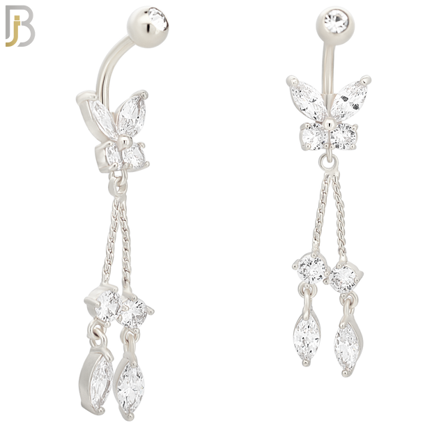 N093  - 316L Stainless Steel Butterfly with Dangling Round and Marquise Zircon image 1
