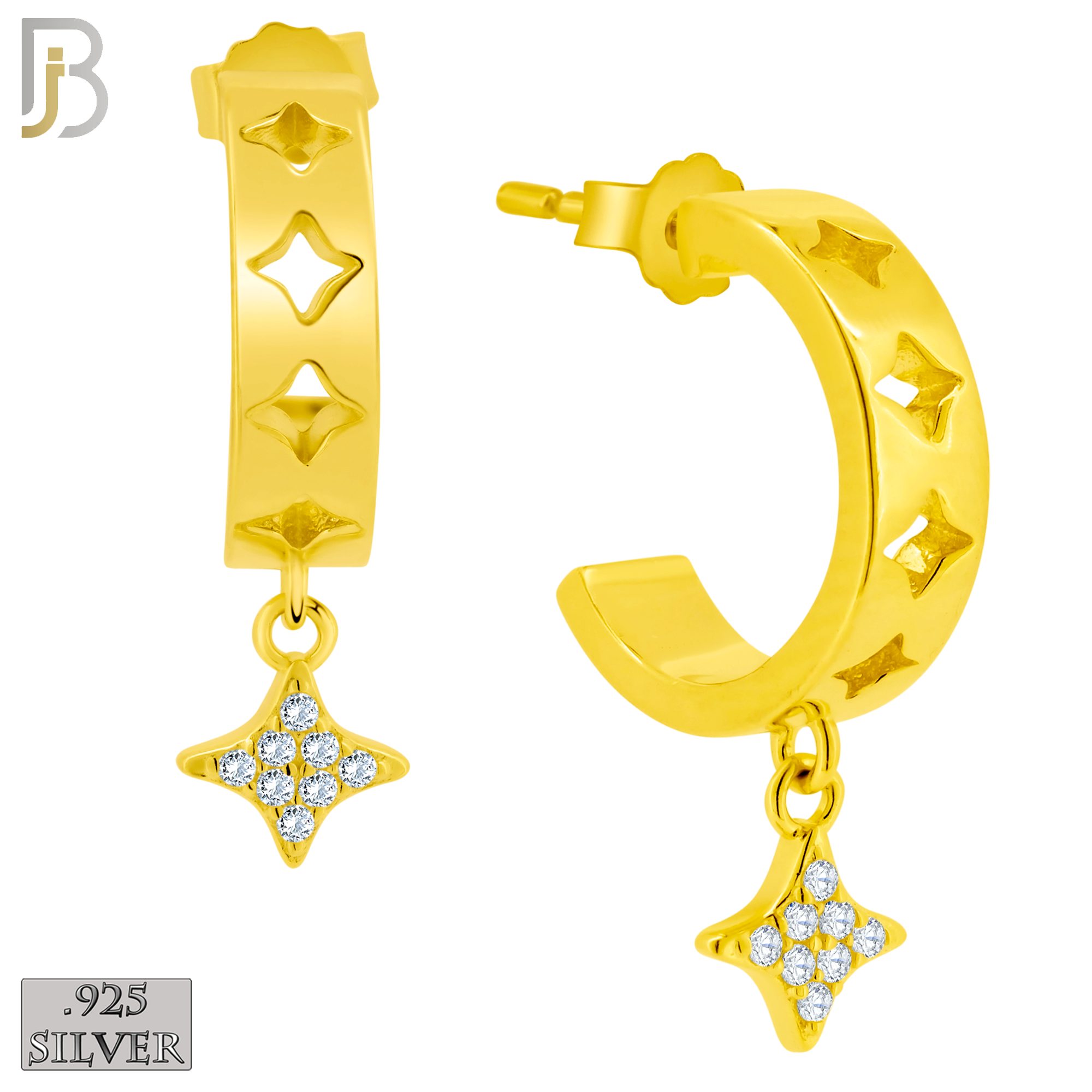 925-ES404 - .925 Sterling Silver Dangling CZ Studded Four Point Star Half Hoop Earrings image 1