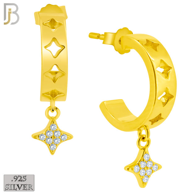 925-ES404 - .925 Sterling Silver Dangling CZ Studded Four Point Star Half Hoop Earrings image 1