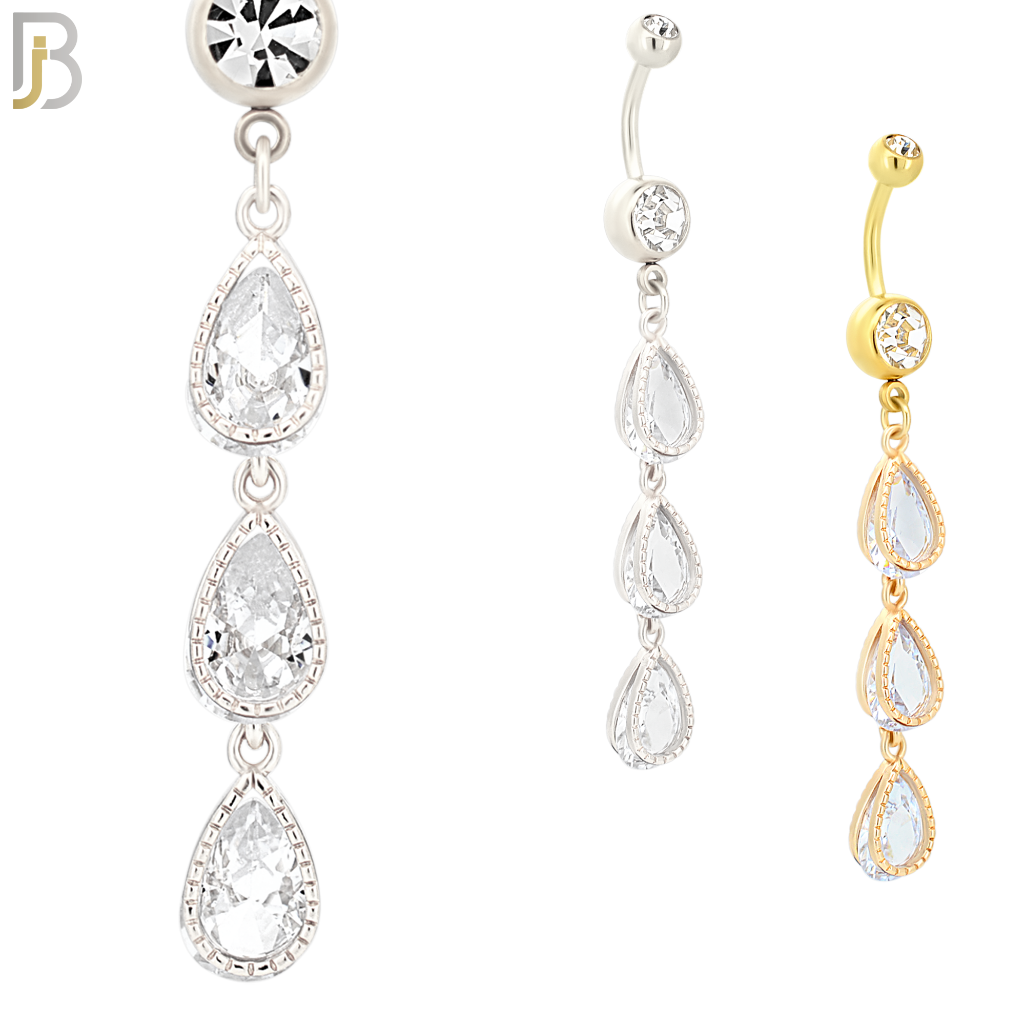 N040 - 316L Stainless Steel Dangling Triple Teardrop Zircon Design Belly Ring with 4mm Screw Ball image 0