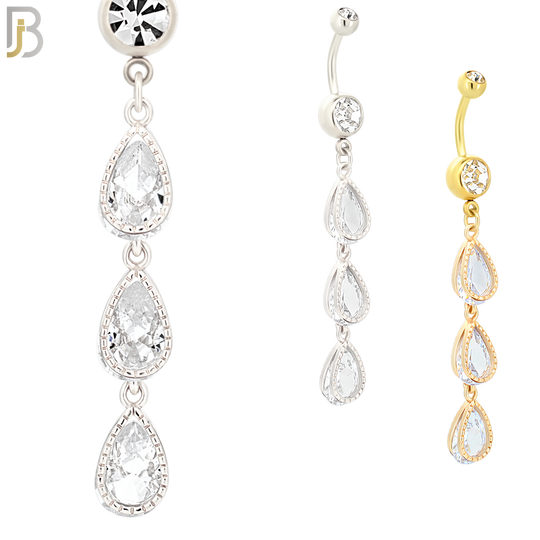 N040 - 316L Stainless Steel Dangling Triple Teardrop Zircon Design Belly Ring with 4mm Screw Ball image 0