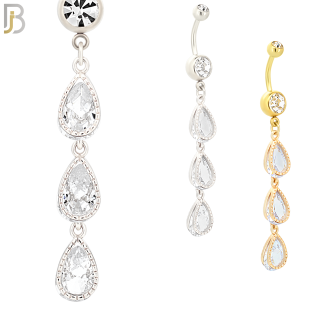 N040 - 316L Stainless Steel Dangling Triple Teardrop Zircon Design Belly Ring with 4mm Screw Ball image 0