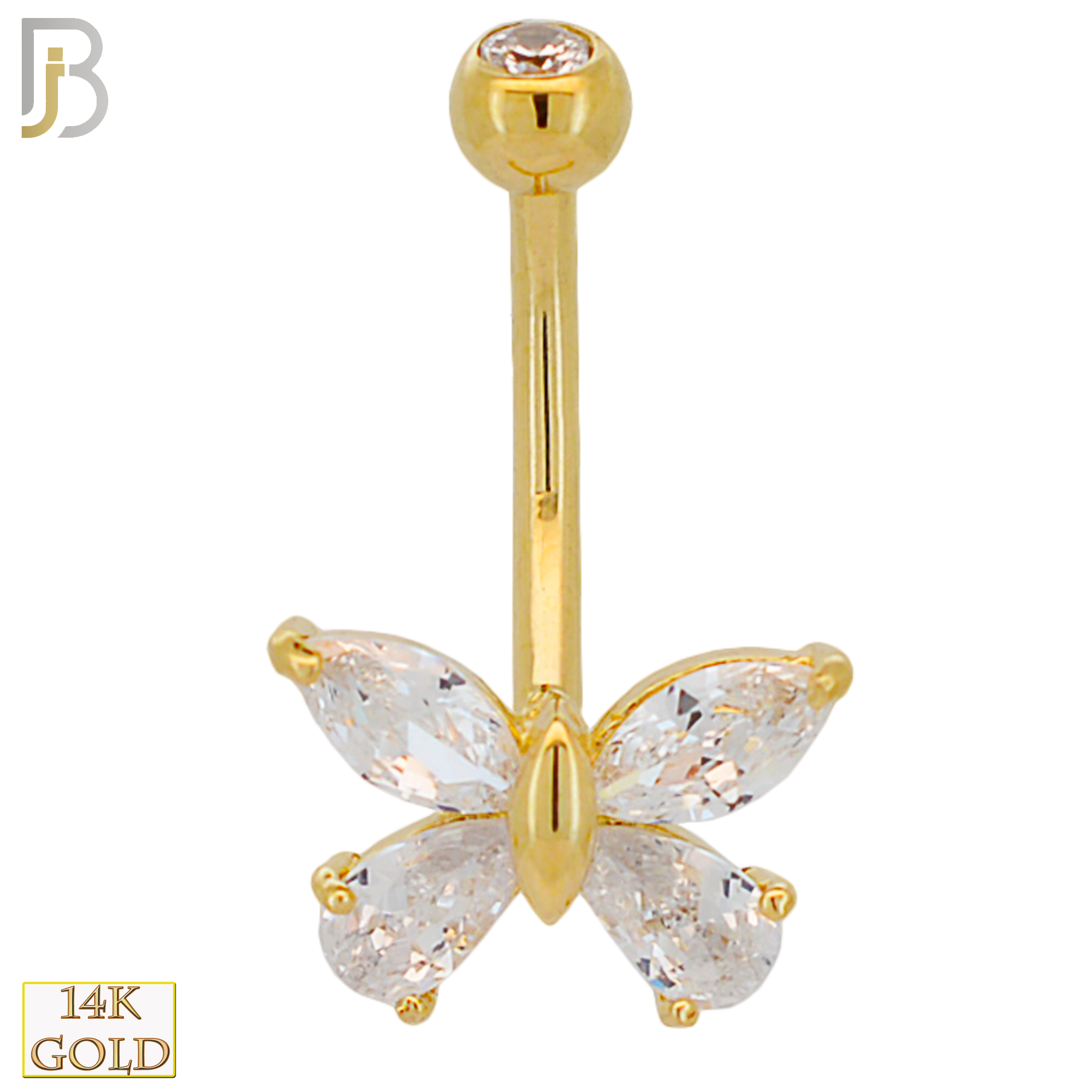 14-NB25 - 14k Solid Gold Banana Belly Ring with 8mm Butterfly Design image 0