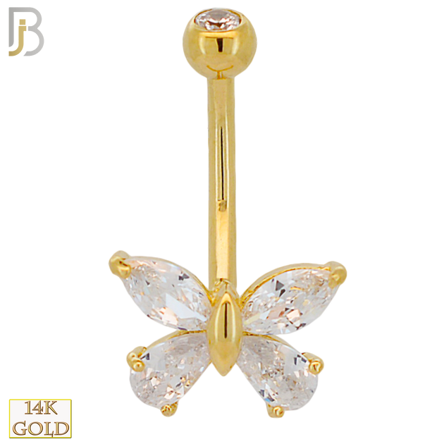 14-NB25 - 14k Solid Gold Banana Belly Ring with 8mm Butterfly Design image 0