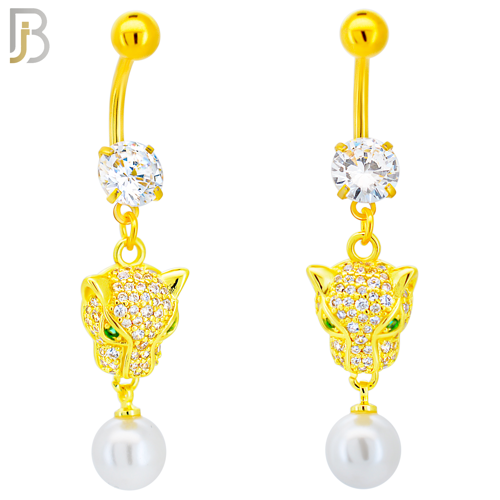 N0141 - 316L Surgical Steel Dangling Green Eyed Tiger Head with Multi CZ and Dangling Pearl Belly Ring image 2